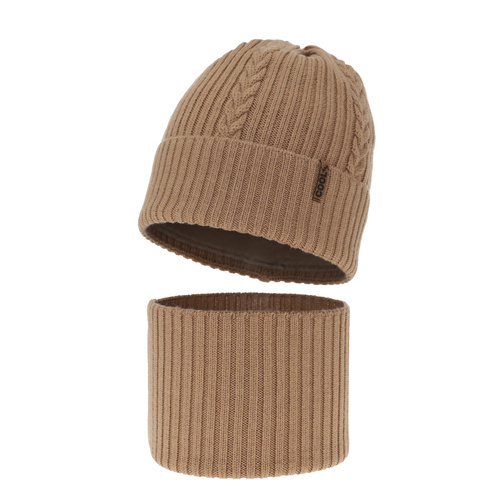 Czapka i komin dla chłopca zimowy komplet, camel, 100% wełniany merino Wilson