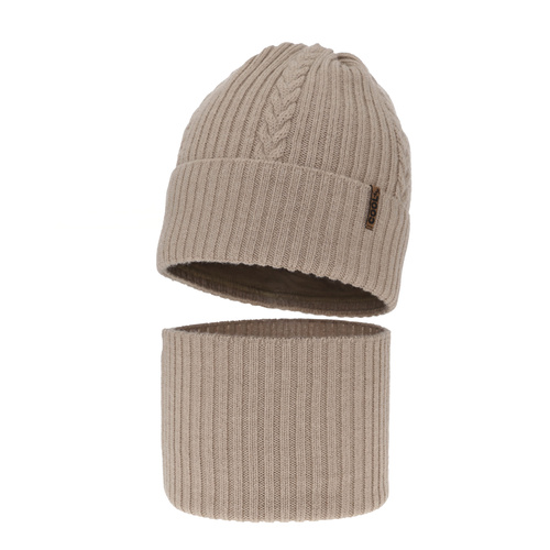 Czapka i komin dla chłopca zimowy komplet, beżowy, 100% wełniany merino Wilson